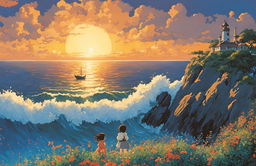 Detailed Studio Ghibli poster featuring an expansive ocean under a setting sun with excellent use of lighting