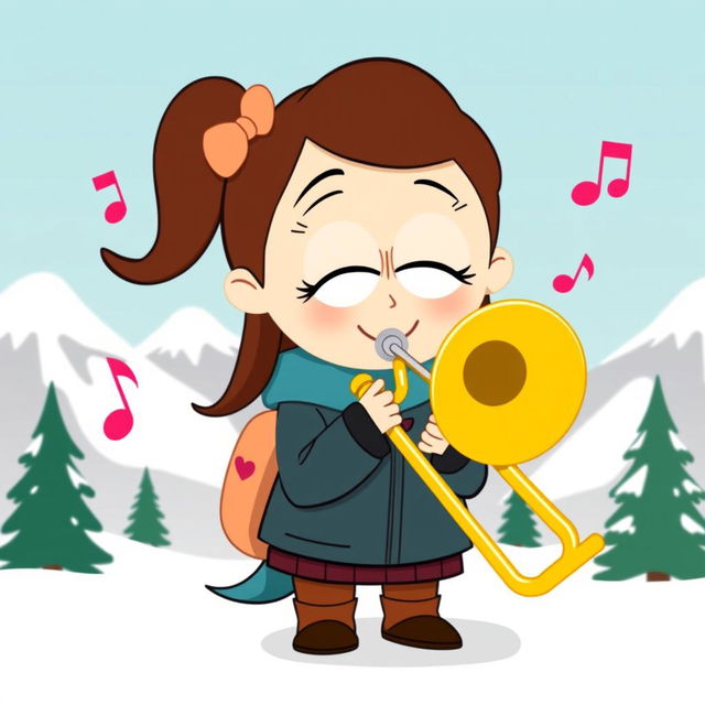 A cartoon character based on Sophie with a trombone, designed in the iconic South Park animation style