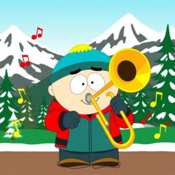 A cartoon character inspired by Stan Marsh from South Park, depicted with a trombone