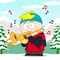 A cartoon character inspired by Stan Marsh from South Park, depicted with a trombone
