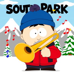 A cartoon character inspired by Stan Marsh from South Park, depicted with a trombone