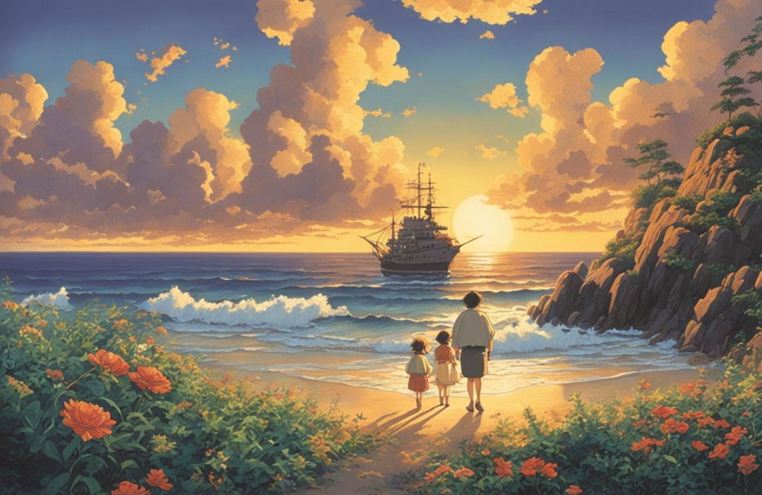 Detailed Studio Ghibli poster featuring an expansive ocean under a setting sun with excellent use of lighting