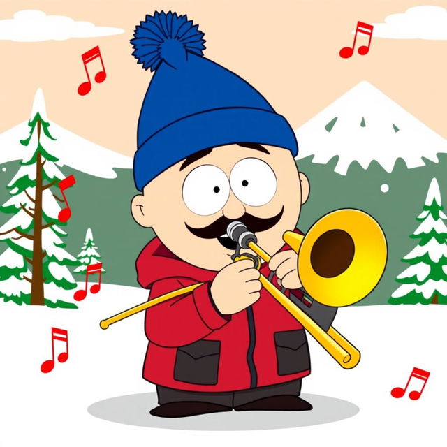 A cartoon character inspired by Stan Marsh from South Park, depicted with a trombone