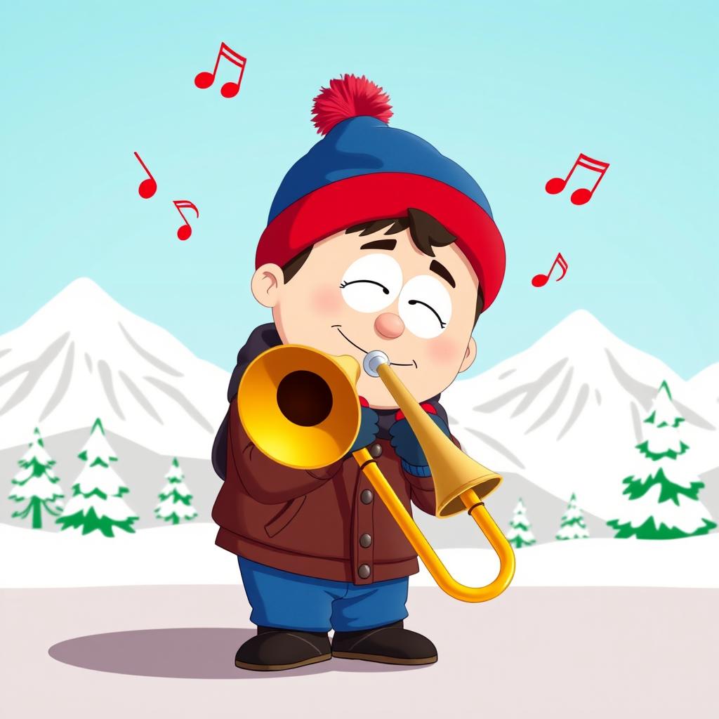 A cartoon character inspired by Stan Marsh from South Park, playing a trombone with enthusiasm