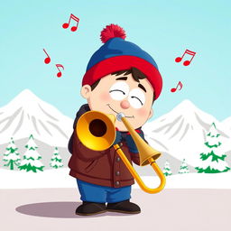 A cartoon character inspired by Stan Marsh from South Park, playing a trombone with enthusiasm