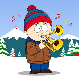 A cartoon character inspired by Stan Marsh from South Park, playing a trombone with enthusiasm