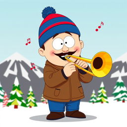 A cartoon character inspired by Stan Marsh from South Park, playing a trombone with enthusiasm
