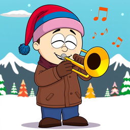 A cartoon character inspired by Stan Marsh from South Park, playing a trombone with enthusiasm