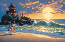 Detailed Studio Ghibli poster featuring an expansive ocean under a setting sun with excellent use of lighting