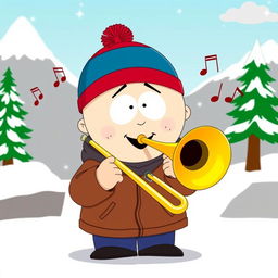 A cartoon character inspired by Stan Marsh from South Park, depicted enthusiastically playing a trombone