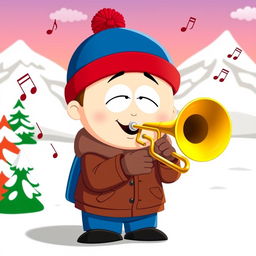 A cartoon character inspired by Stan Marsh from South Park, depicted enthusiastically playing a trombone