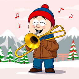 A cartoon character inspired by Stan Marsh from South Park, depicted enthusiastically playing a trombone