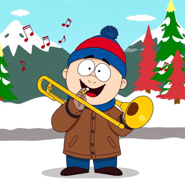 A cartoon character inspired by Stan Marsh from South Park, depicted enthusiastically playing a trombone