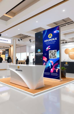 A 3D booth design for an expo called Arunika, featuring an elegant and modern aesthetic