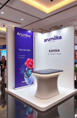 A 3D booth design for an expo called Arunika, featuring an elegant and modern aesthetic