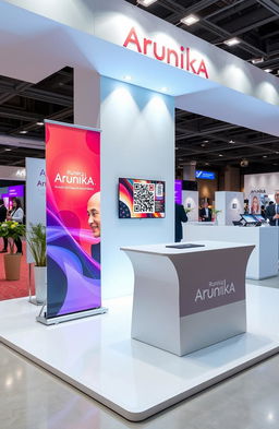 A 3D booth design for an expo called Arunika, featuring an elegant and modern aesthetic