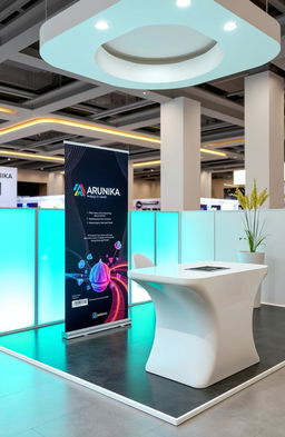 A 3D booth design for an expo called Arunika, featuring an elegant and modern aesthetic