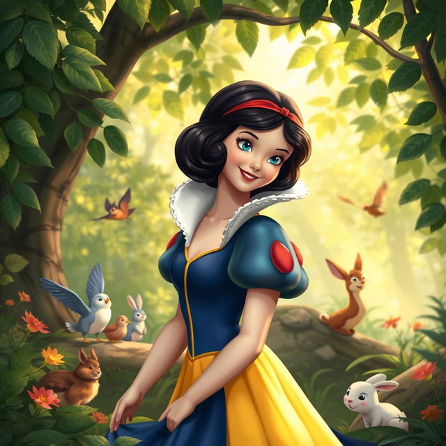 A fairy tale scene featuring Snow White in a lush, enchanted forest