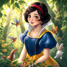 A fairy tale scene featuring Snow White in a lush, enchanted forest