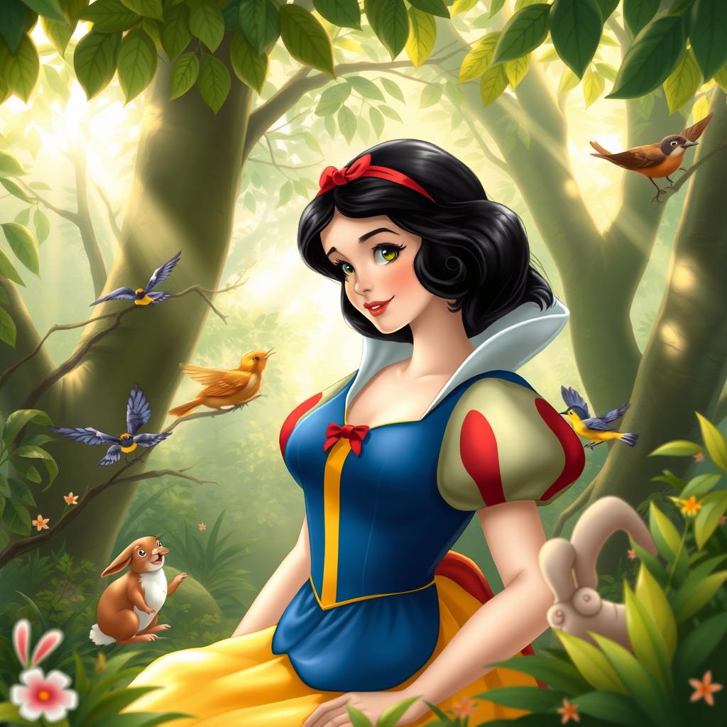 A fairy tale scene featuring Snow White in a lush, enchanted forest