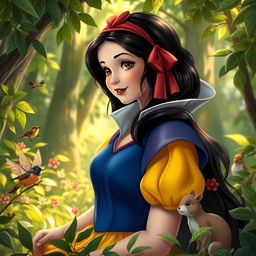 A fairy tale scene featuring Snow White in a lush, enchanted forest