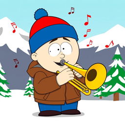 A cartoon character inspired by Stan Marsh from South Park, enthusiastically playing a trombone