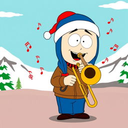 A cartoon character inspired by Stan Marsh from South Park, enthusiastically playing a trombone