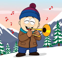 A cartoon character inspired by Stan Marsh from South Park, enthusiastically playing a trombone