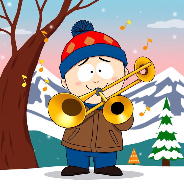 A cartoon character inspired by Stan Marsh from South Park, enthusiastically playing a trombone