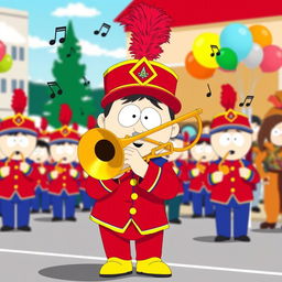 A cartoon character inspired by Stan Marsh from South Park, depicted as a member of a marching band playing a trombone