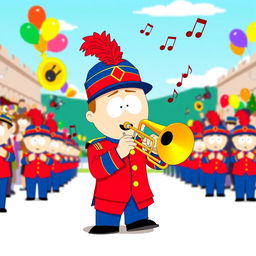 A cartoon character inspired by Stan Marsh from South Park, depicted as a member of a marching band playing a trombone