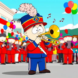 A cartoon character inspired by Stan Marsh from South Park, depicted as a member of a marching band playing a trombone