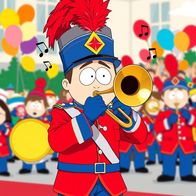 A cartoon character inspired by Stan Marsh from South Park, depicted as a member of a marching band playing a trombone