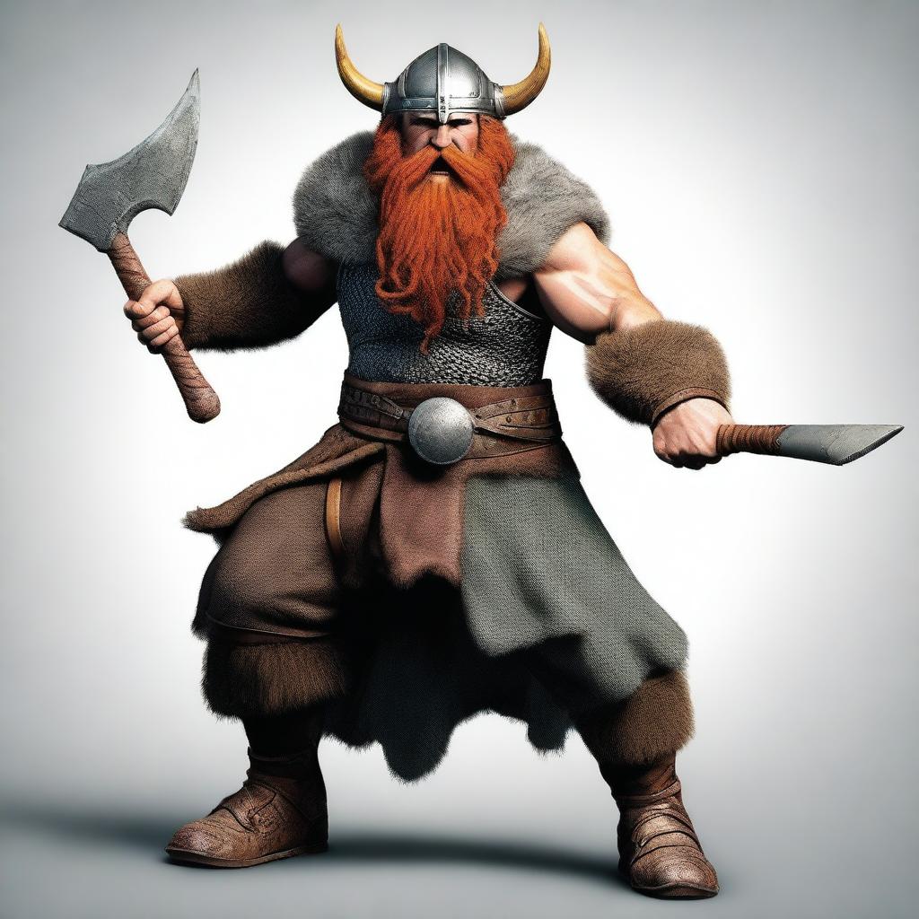 Generate an image of a stereotypical Viking, complete with rugged features, a horned helmet, red-haired beard, furs, and wielding an imposing battle-axe