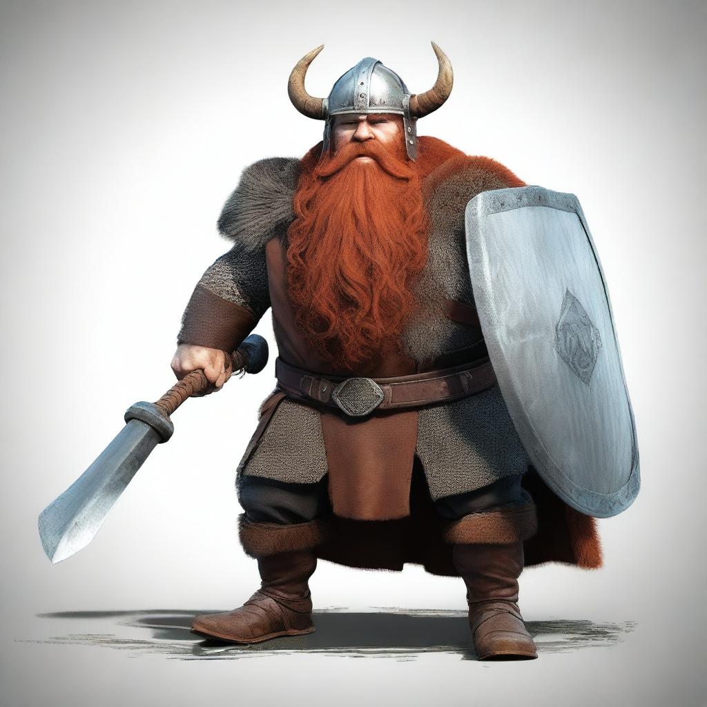 Generate an image of a stereotypical Viking, complete with rugged features, a horned helmet, red-haired beard, furs, and wielding an imposing battle-axe