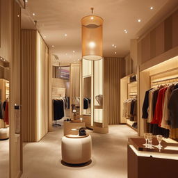 Interior of a boutique shop, meticulously designed with chic decor, elegant clothing displays, plush fitting rooms, and stylish lighting fixtures.