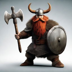 Generate an image of a stereotypical Viking, complete with rugged features, a horned helmet, red-haired beard, furs, and wielding an imposing battle-axe