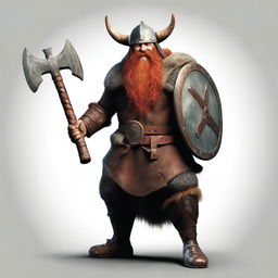 Generate an image of a stereotypical Viking, complete with rugged features, a horned helmet, red-haired beard, furs, and wielding an imposing battle-axe