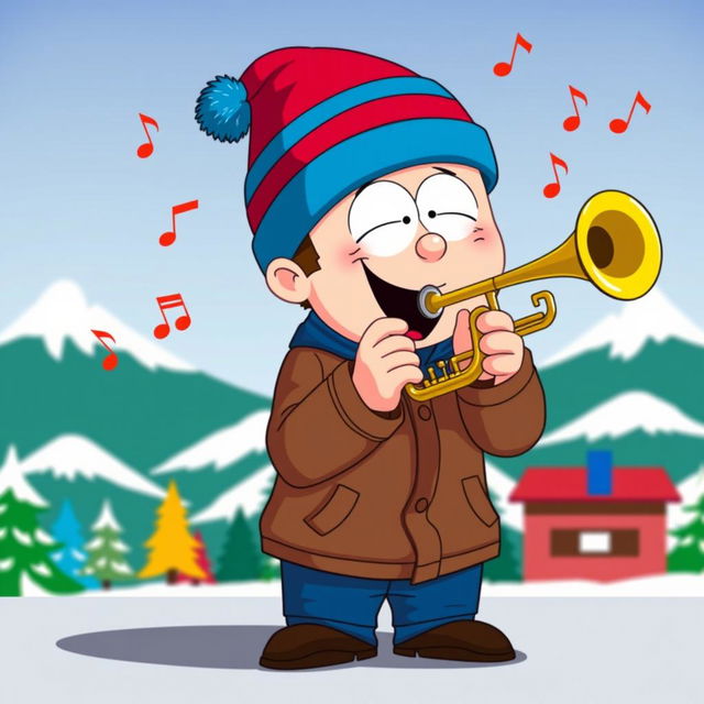 A cartoon character inspired by Stan Marsh from South Park, depicted joyfully playing a trumpet