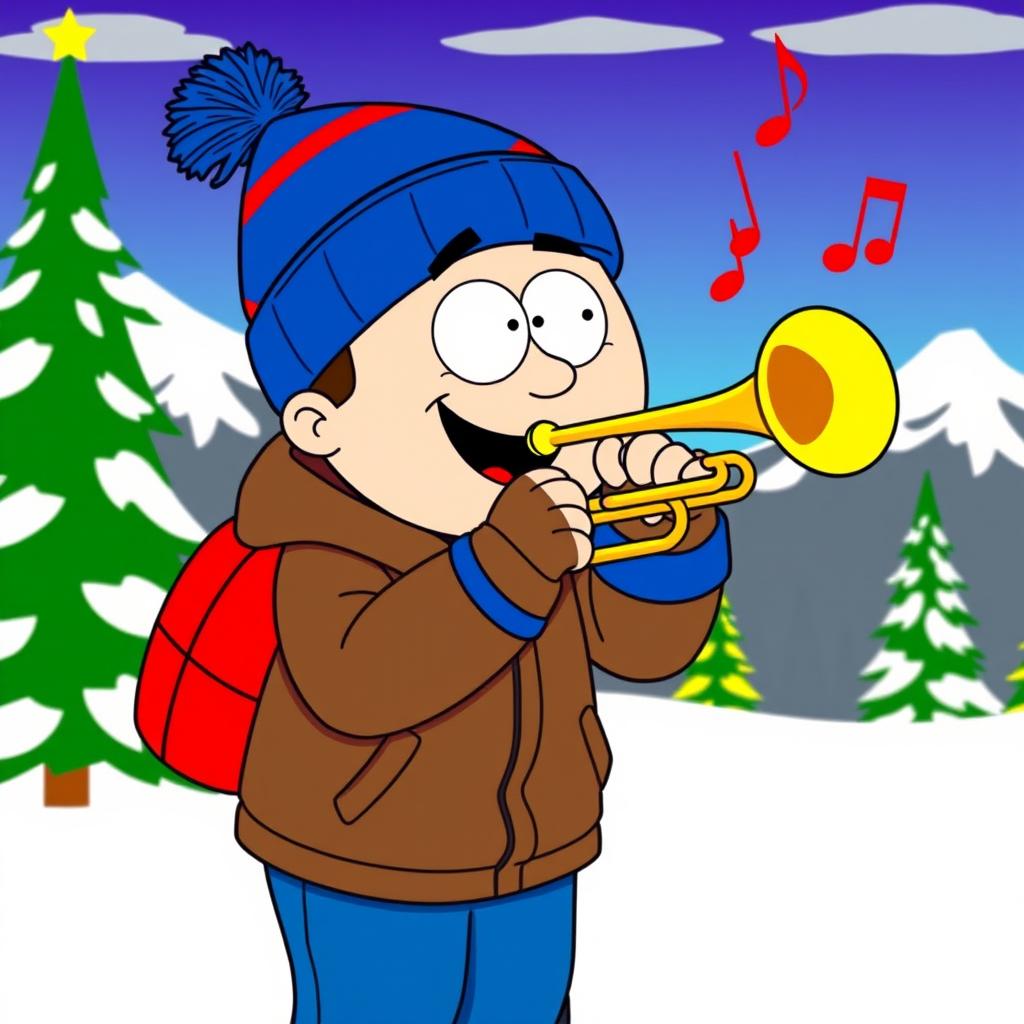 A cartoon character inspired by Stan Marsh from South Park, depicted joyfully playing a trumpet