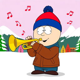 A cartoon character inspired by Stan Marsh from South Park, depicted joyfully playing a trumpet