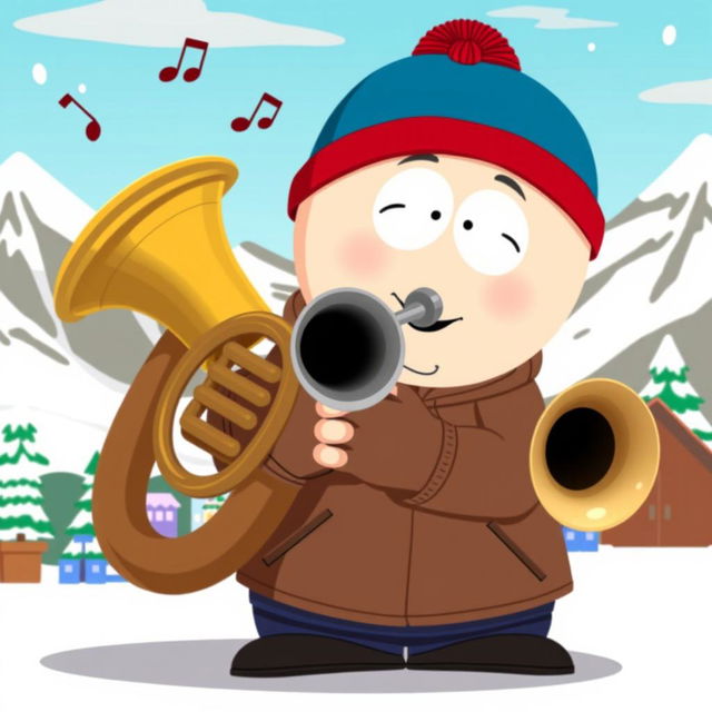 A cartoon character inspired by Stan Marsh from South Park, depicted joyfully playing a tuba