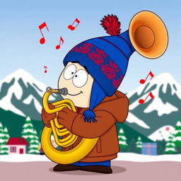 A cartoon character inspired by Stan Marsh from South Park, depicted joyfully playing a tuba