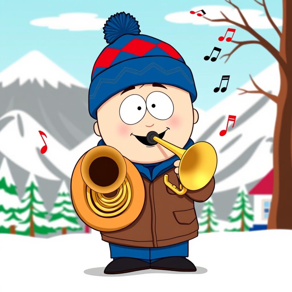 A cartoon character inspired by Stan Marsh from South Park, depicted joyfully playing a tuba