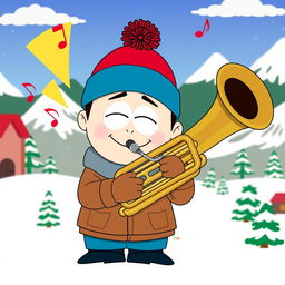 A cartoon character inspired by Stan Marsh from South Park, depicted joyfully playing a tuba