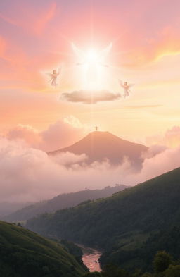 A serene and ethereal scene depicting divine spirituality, with a radiant light emanating from a celestial being on top of a mountain, surrounded by wispy clouds