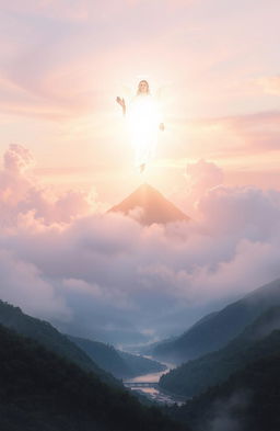 A serene and ethereal scene depicting divine spirituality, with a radiant light emanating from a celestial being on top of a mountain, surrounded by wispy clouds