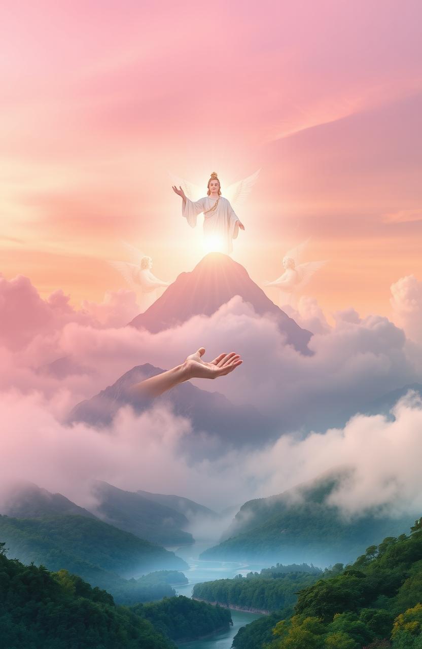 A serene and ethereal scene depicting divine spirituality, with a radiant light emanating from a celestial being on top of a mountain, surrounded by wispy clouds