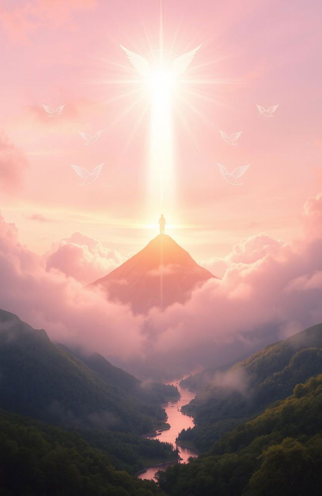 A serene and ethereal scene depicting divine spirituality, with a radiant light emanating from a celestial being on top of a mountain, surrounded by wispy clouds