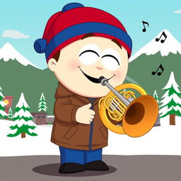 A cartoon character inspired by Stan Marsh from South Park, depicted joyfully playing a French horn